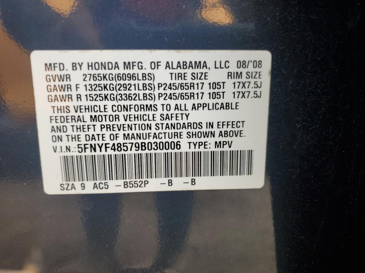 5FNYF48579B030006 2009 Honda Pilot Exl