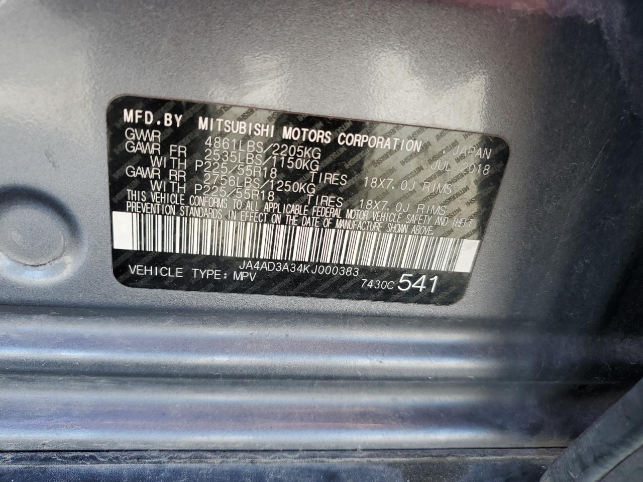 JA4AD3A34KJ000383 2019 Mitsubishi Outlander Se