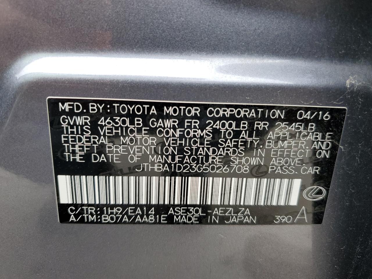 JTHBA1D23G5026708 2016 Lexus Is 200T
