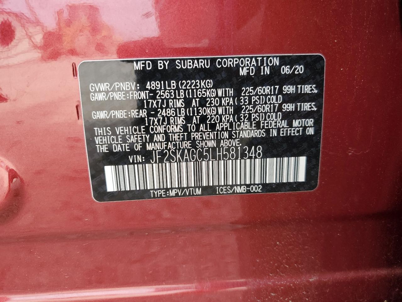 JF2SKAGC5LH581348 2020 Subaru Forester Premium