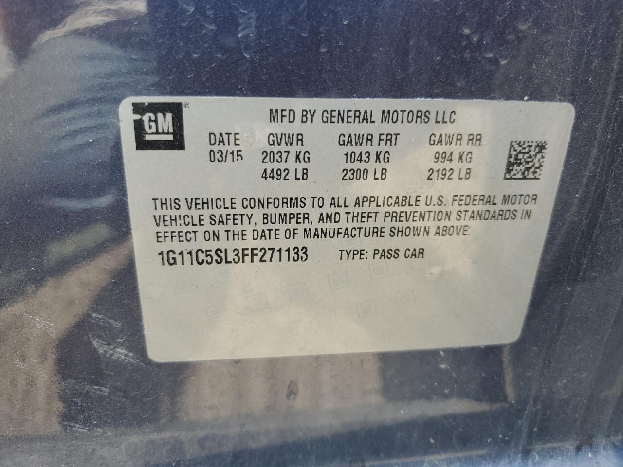 1G11C5SL3FF271133 2015 Chevrolet Malibu 1Lt