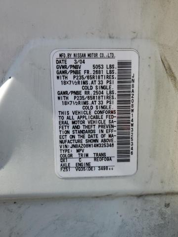 2004 Nissan Murano Sl VIN: JN8AZ08W14W325346 Lot: 58541704