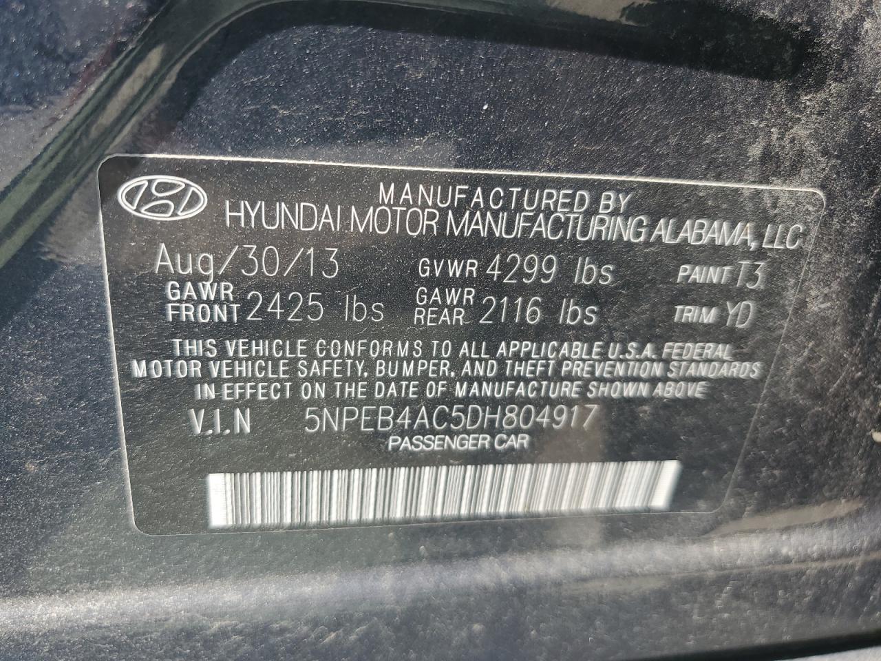 5NPEB4AC5DH804917 2013 Hyundai Sonata Gls