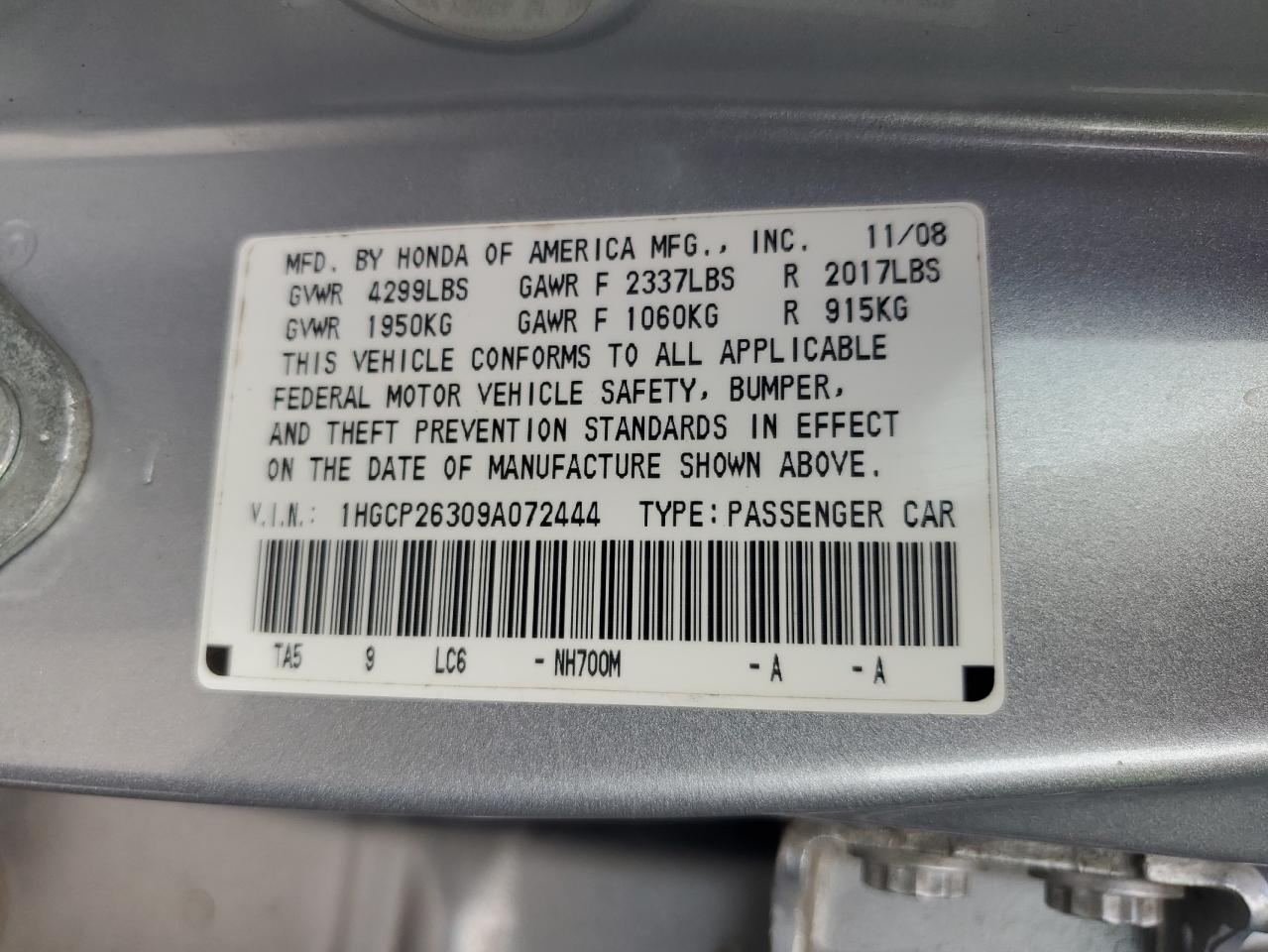 1HGCP26309A072444 2009 Honda Accord Lx