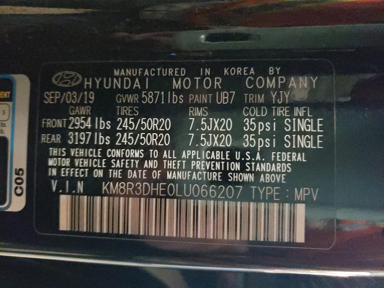 KM8R3DHE0LU066207 2020 Hyundai Palisade Sel