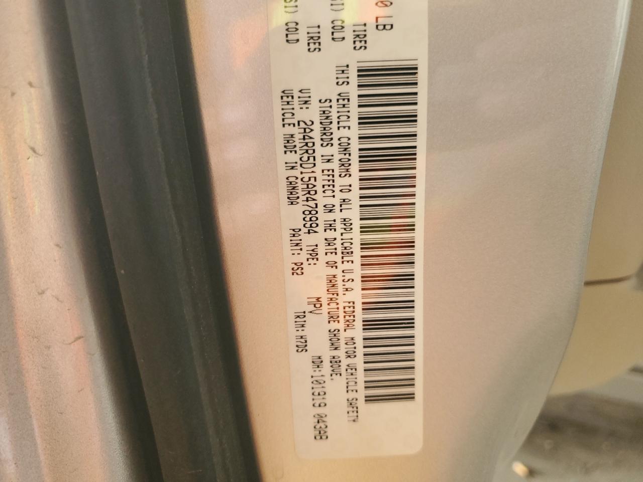 2A4RR5D15AR478994 2010 Chrysler Town & Country Touring