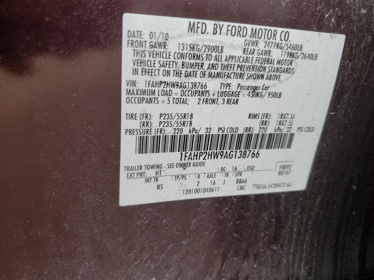 1FAHP2HW9AG138766 2010 Ford Taurus Sel