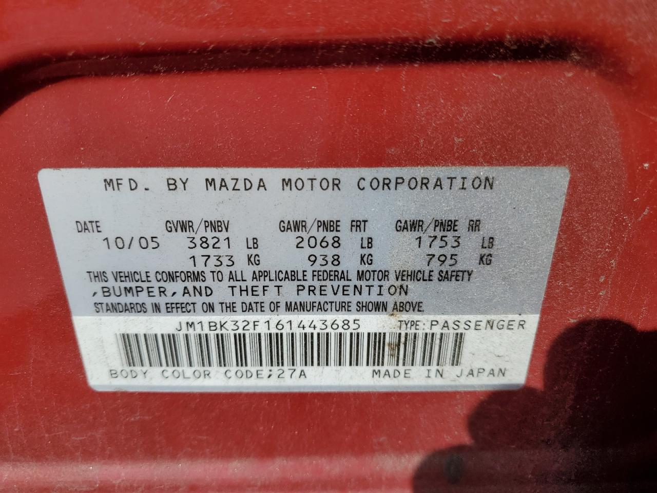 JM1BK32F161443685 2006 Mazda 3 I