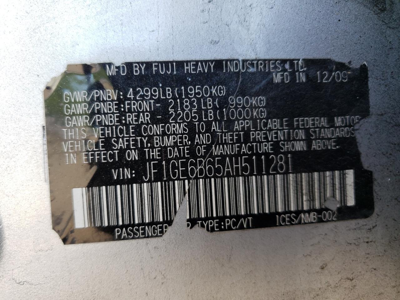 JF1GE6B65AH511281 2010 Subaru Impreza 2.5I Premium