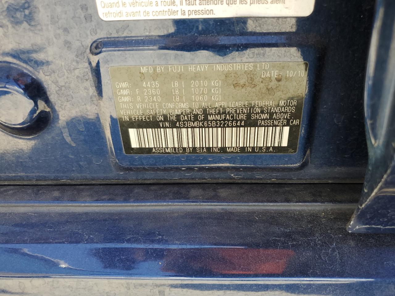 4S3BMBK65B3226644 2011 Subaru Legacy 2.5I Limited