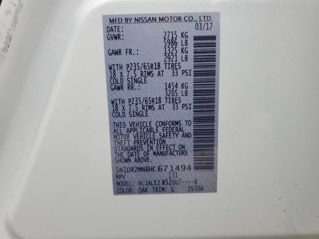 5N1DR2MN8HC671494 2017 Nissan Pathfinder S