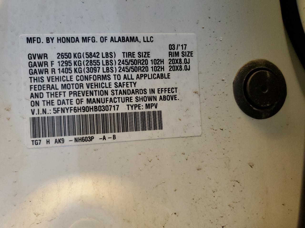 5FNYF6H90HB030717 2017 Honda Pilot Touring