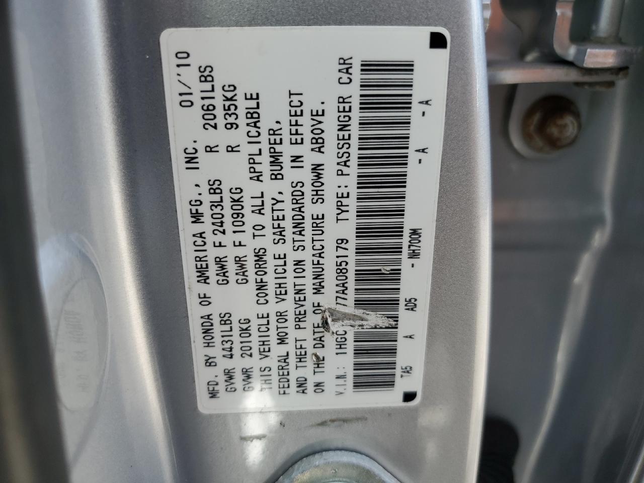 1HGCP2F77AA085179 2010 Honda Accord Ex