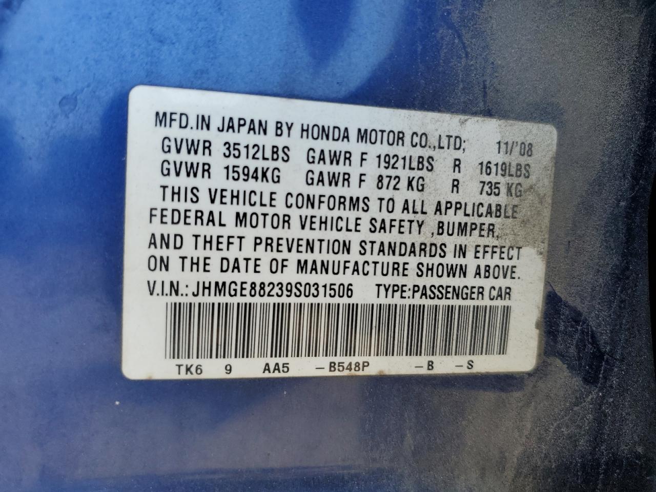 JHMGE88239S031506 2009 Honda Fit