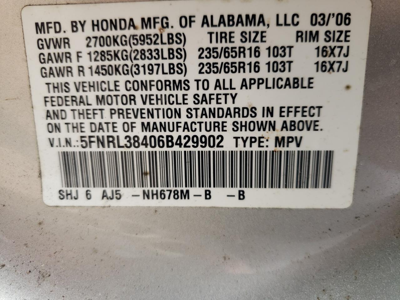 5FNRL38406B429902 2006 Honda Odyssey Ex
