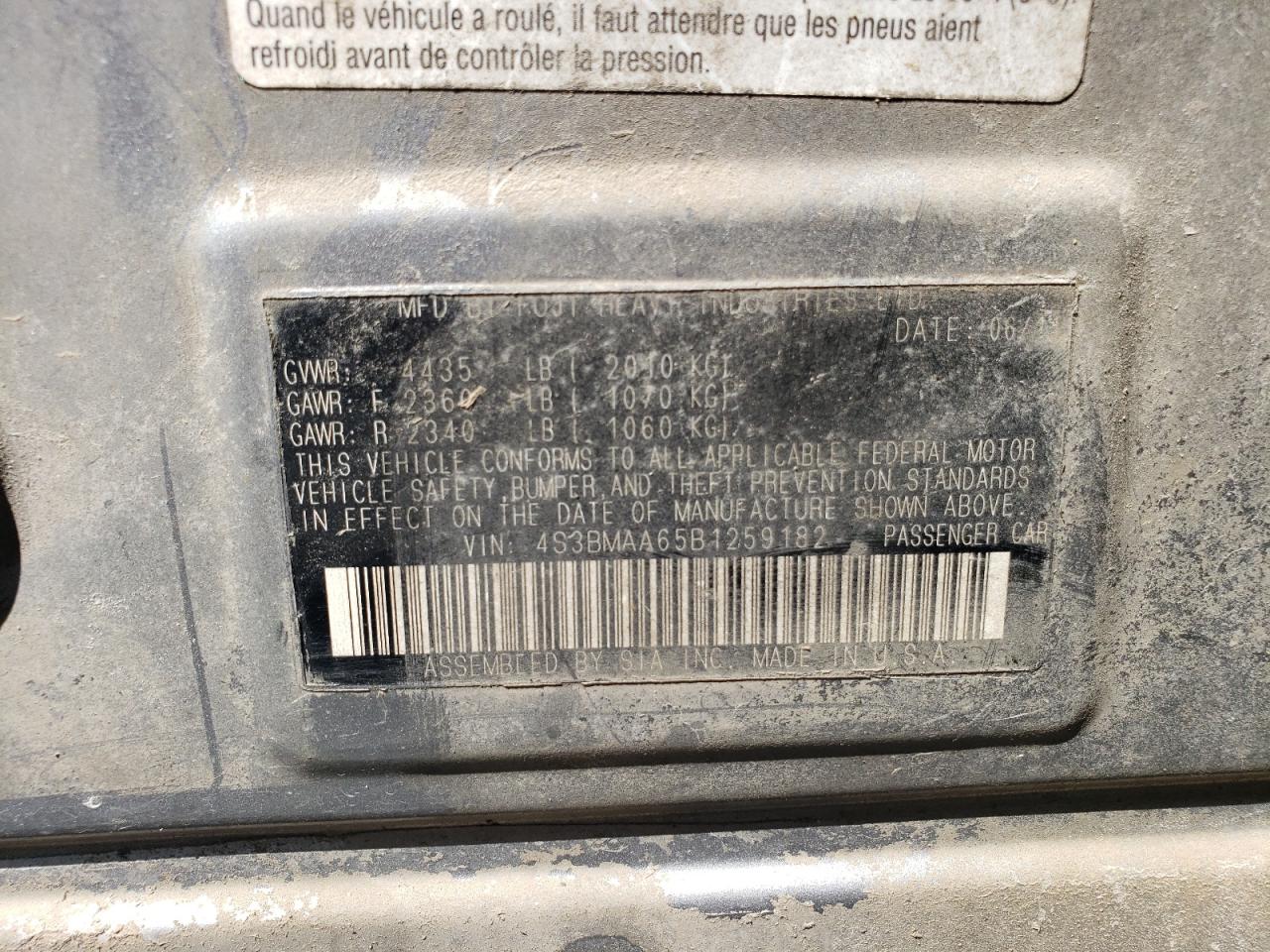 4S3BMAA65B1259182 2011 Subaru Legacy 2.5I