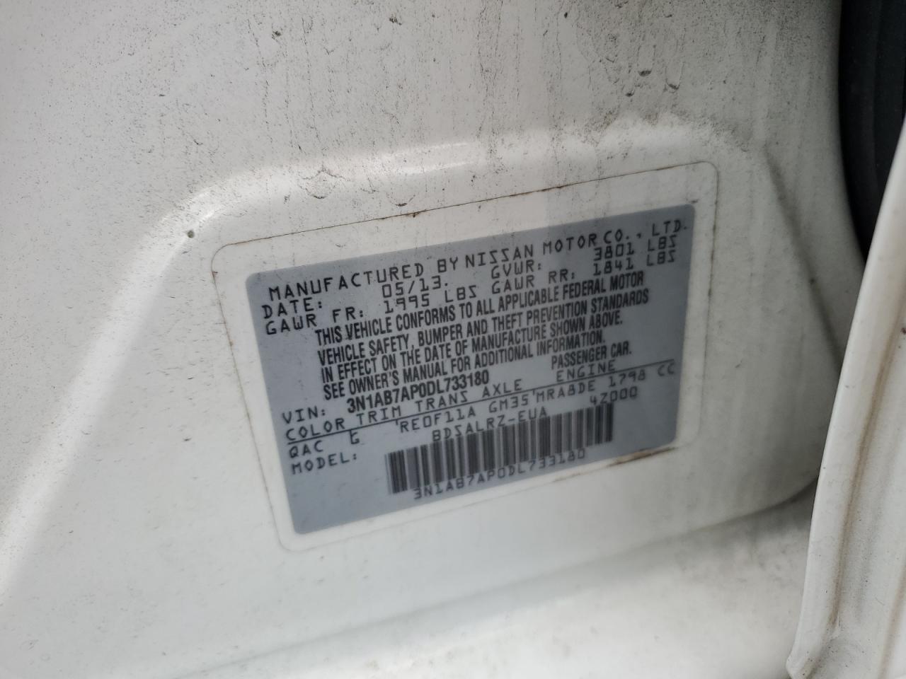 3N1AB7AP0DL733180 2013 Nissan Sentra S