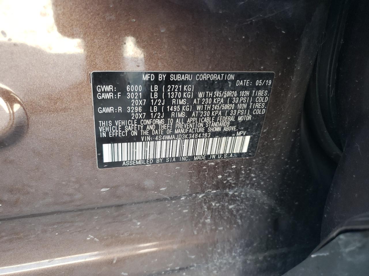 4S4WMAJD3K3484183 2019 Subaru Ascent Limited