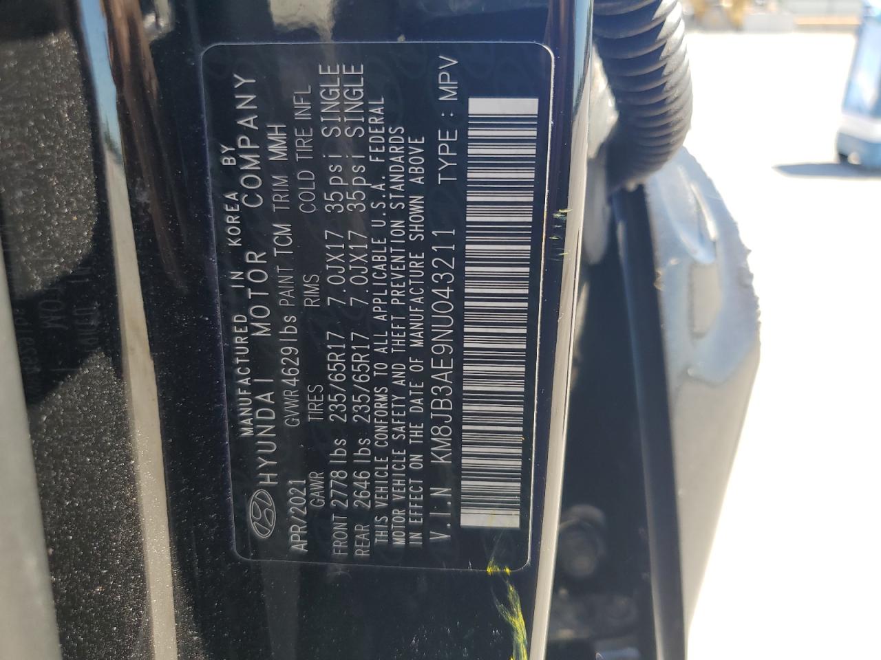 KM8JB3AE9NU043211 2022 Hyundai Tucson Sel