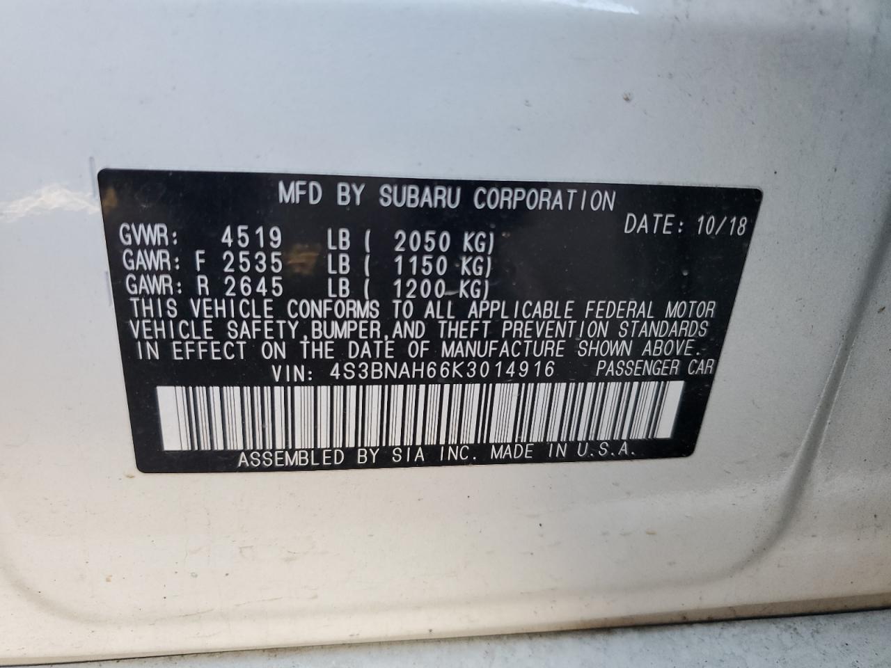 4S3BNAH66K3014916 2019 Subaru Legacy 2.5I Premium