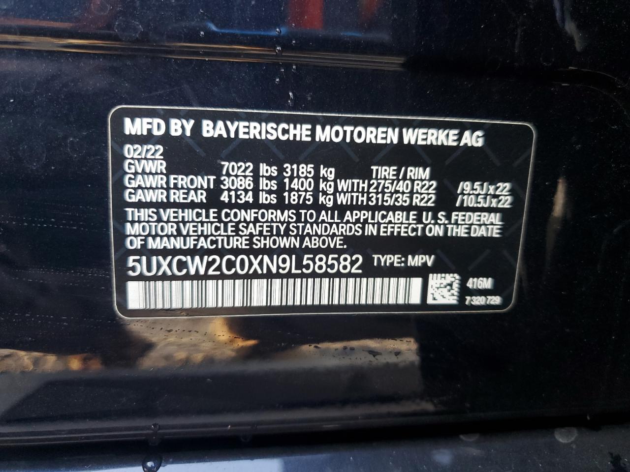 5UXCW2C0XN9L58582 2022 BMW X7 xDrive40I