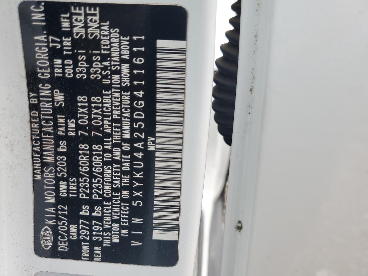 5XYKU4A25DG411611 2013 Kia Sorento Ex