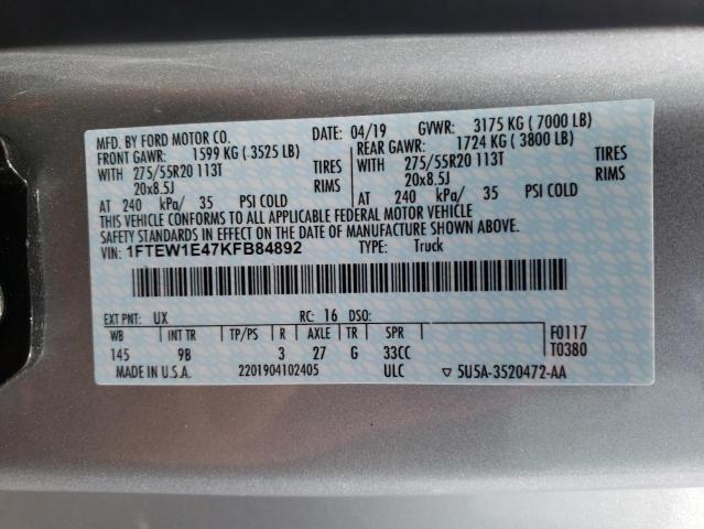 2019 Ford F150 Supercrew VIN: 1FTEW1E47KFB84892 Lot: 59515854