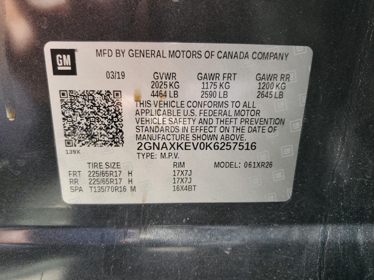 2GNAXKEV0K6257516 2019 Chevrolet Equinox Lt