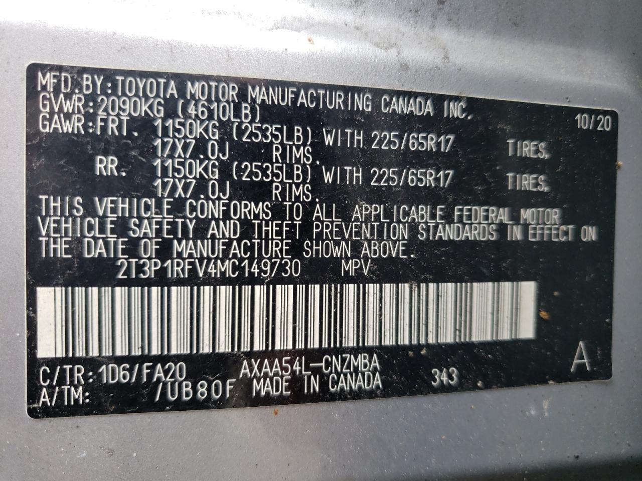 2T3P1RFV4MC149730 2021 Toyota Rav4 Xle