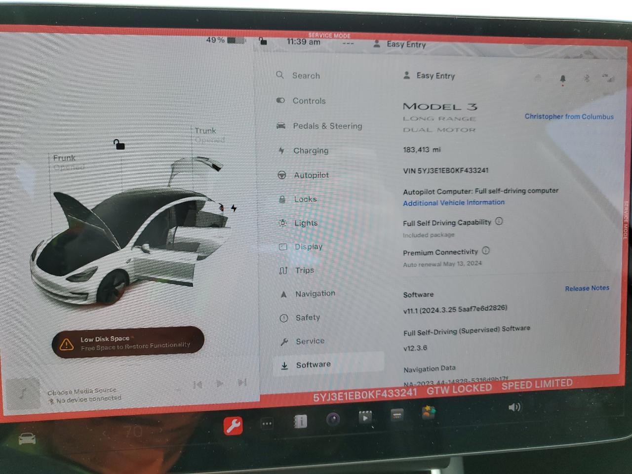 2019 Tesla Model 3 vin: 5YJ3E1EB0KF433241