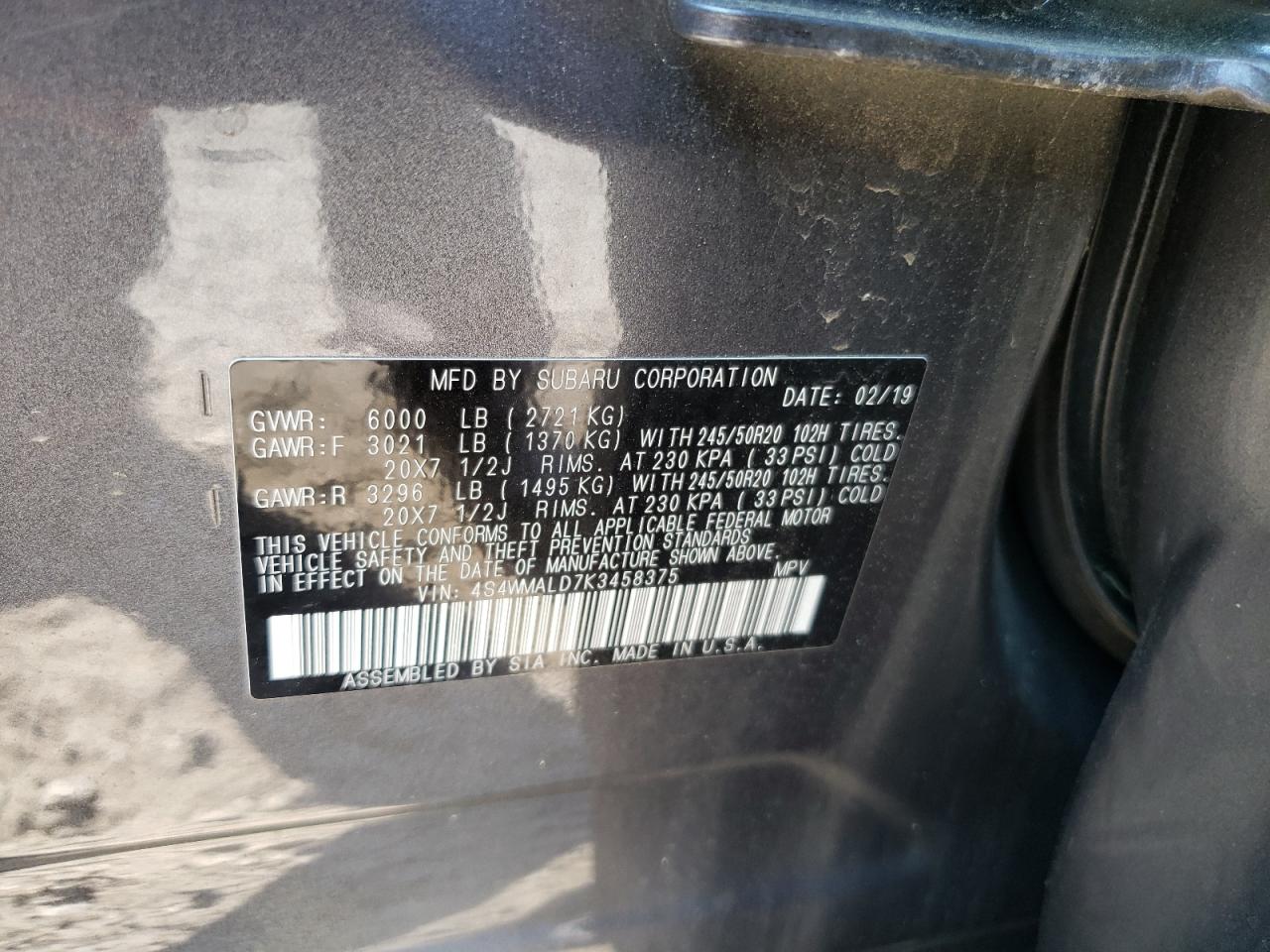 4S4WMALD7K3458375 2019 Subaru Ascent Limited