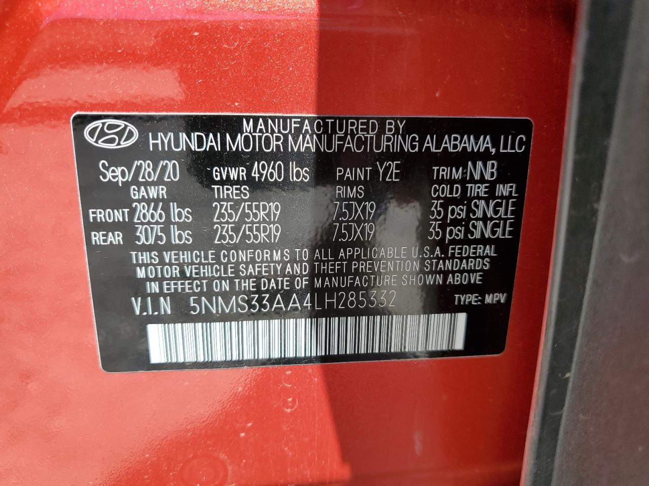 5NMS33AA4LH285332 2020 Hyundai Santa Fe Sel