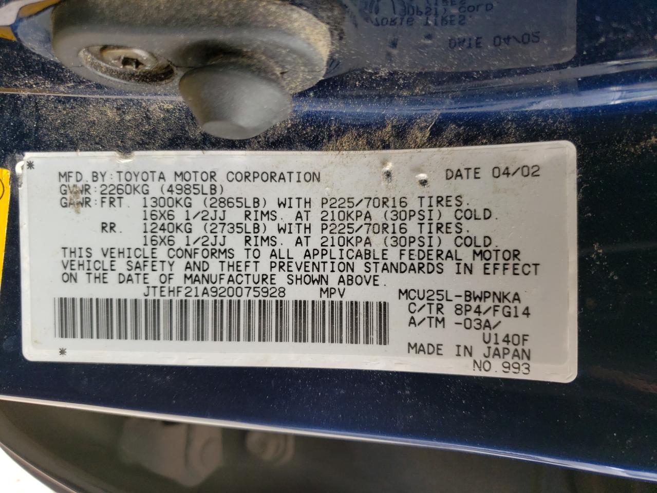 JTEHF21A920075928 2002 Toyota Highlander Limited