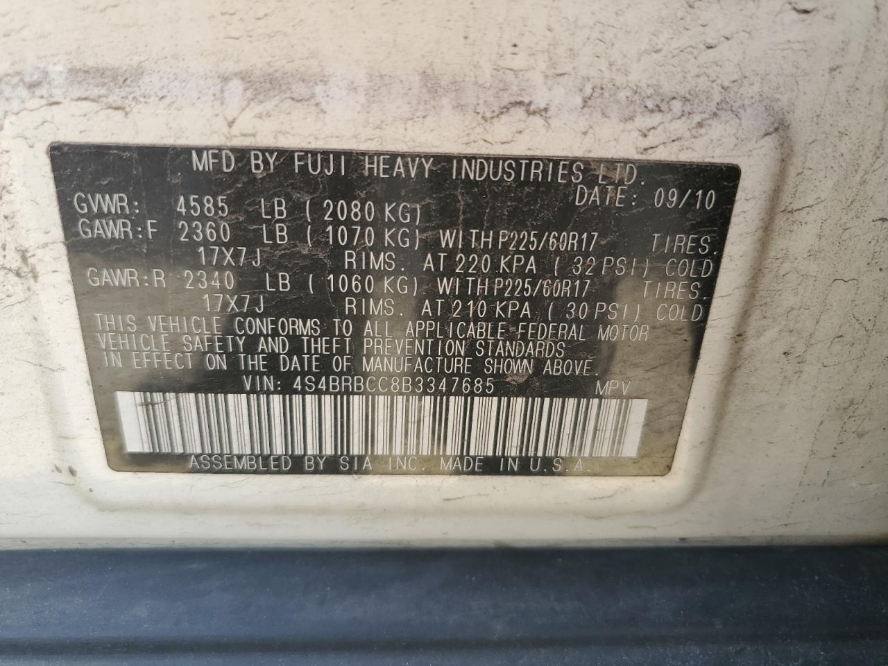 4S4BRBCC8B3347685 2011 Subaru Outback 2.5I Premium