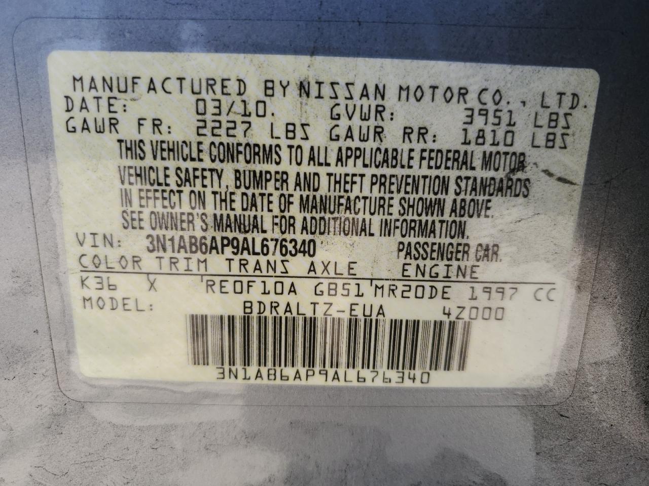 3N1AB6AP9AL676340 2010 Nissan Sentra 2.0