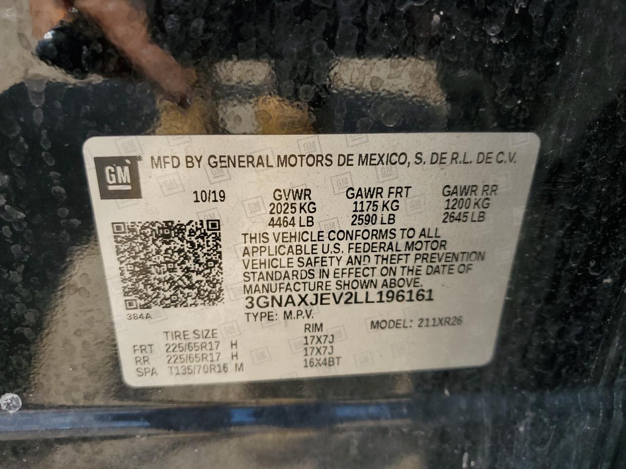 3GNAXJEV2LL196161 2020 Chevrolet Equinox Lt