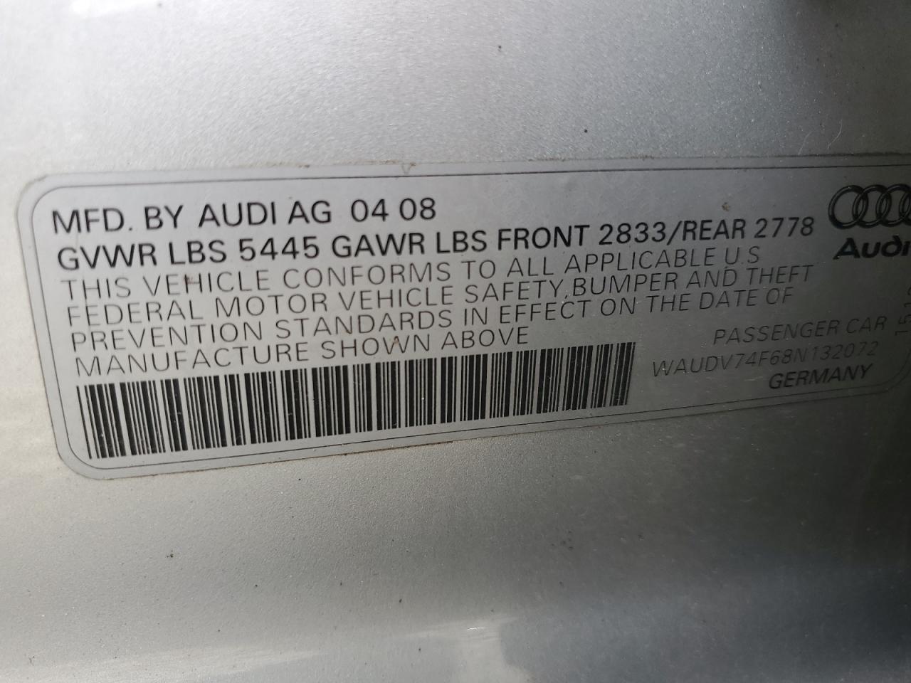 WAUDV74F68N132072 2008 Audi A6 4.2 Quattro