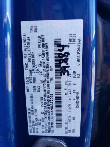 2022 Ford Escape Sel VIN: 1FMCU9H61NUA72092 Lot: 61088344