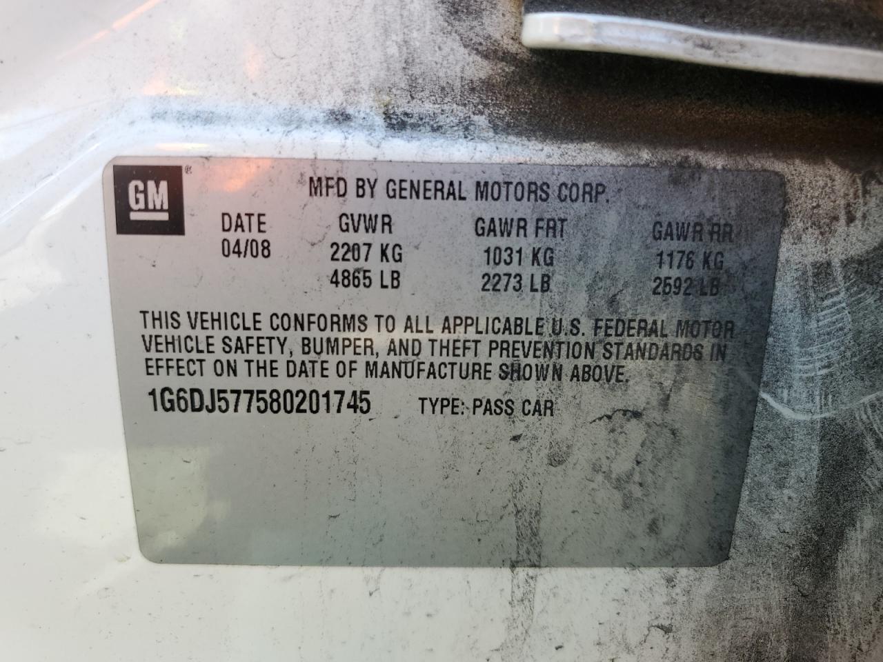 1G6DJ577580201745 2008 Cadillac Cts