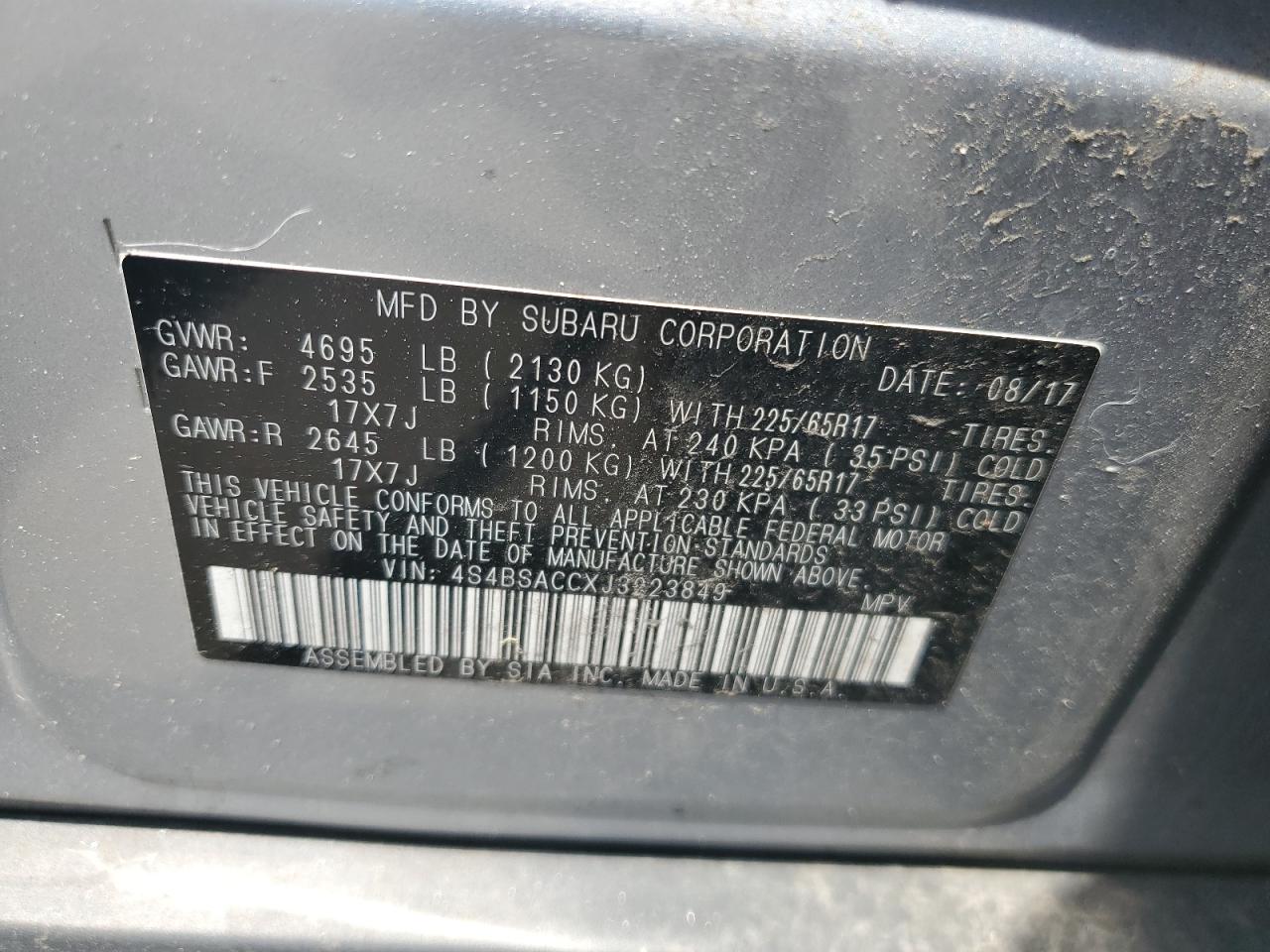 4S4BSACCXJ3223849 2018 Subaru Outback 2.5I Premium