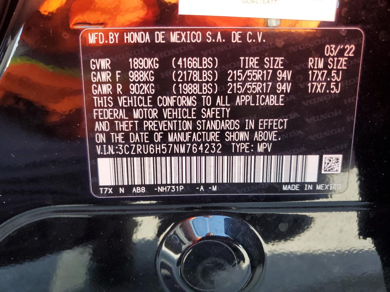 3CZRU6H57NM764232 2022 Honda Hr-V Ex