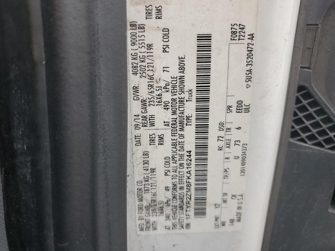 1FTYR2ZM8FKA16244 2015 Ford Transit T-250