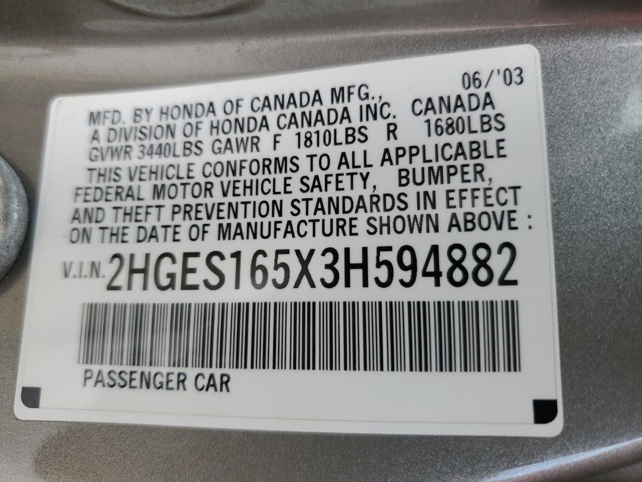 2HGES165X3H594882 2003 Honda Civic Lx