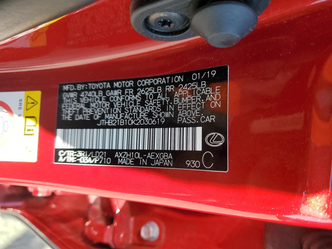 JTHB21B10K2030619 2019 Lexus Es 300H