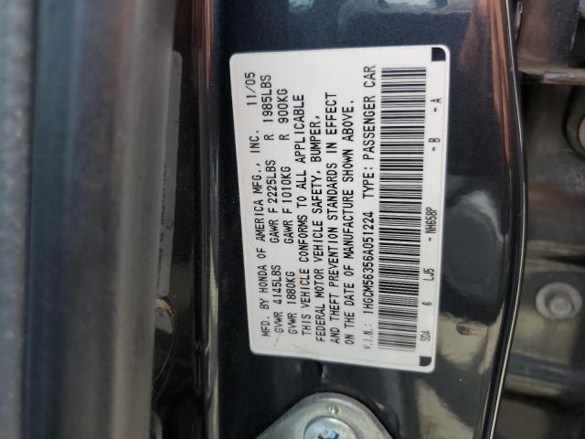 2006 Honda Accord Se VIN: 1HGCM56356A051224 Lot: 60770404