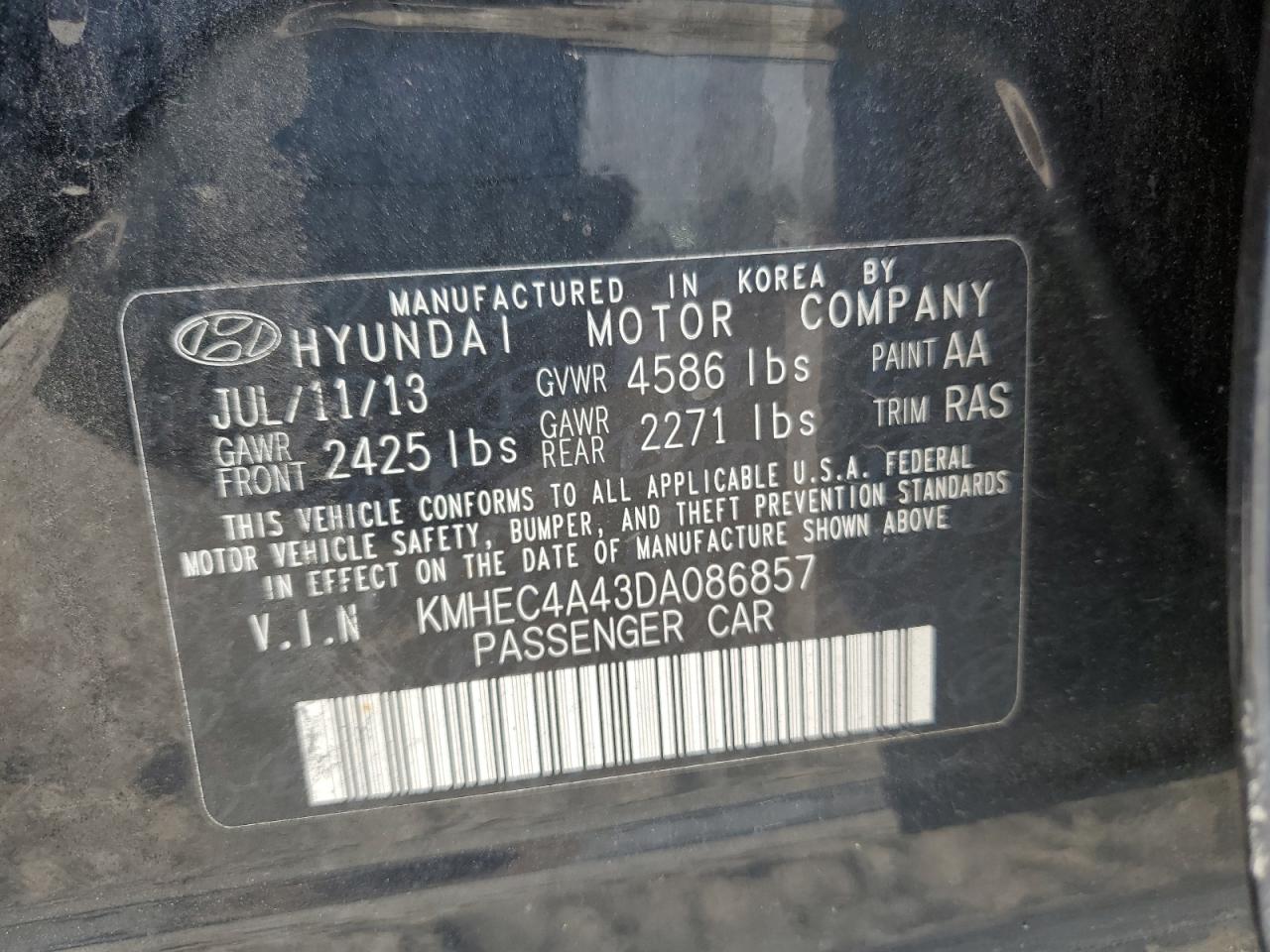 KMHEC4A43DA086857 2013 Hyundai Sonata Hybrid