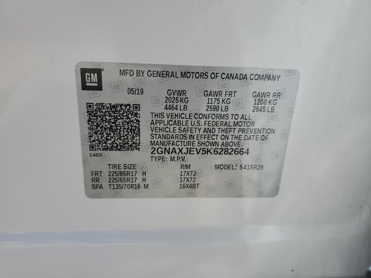 2GNAXJEV5K6282664 2019 Chevrolet Equinox Lt