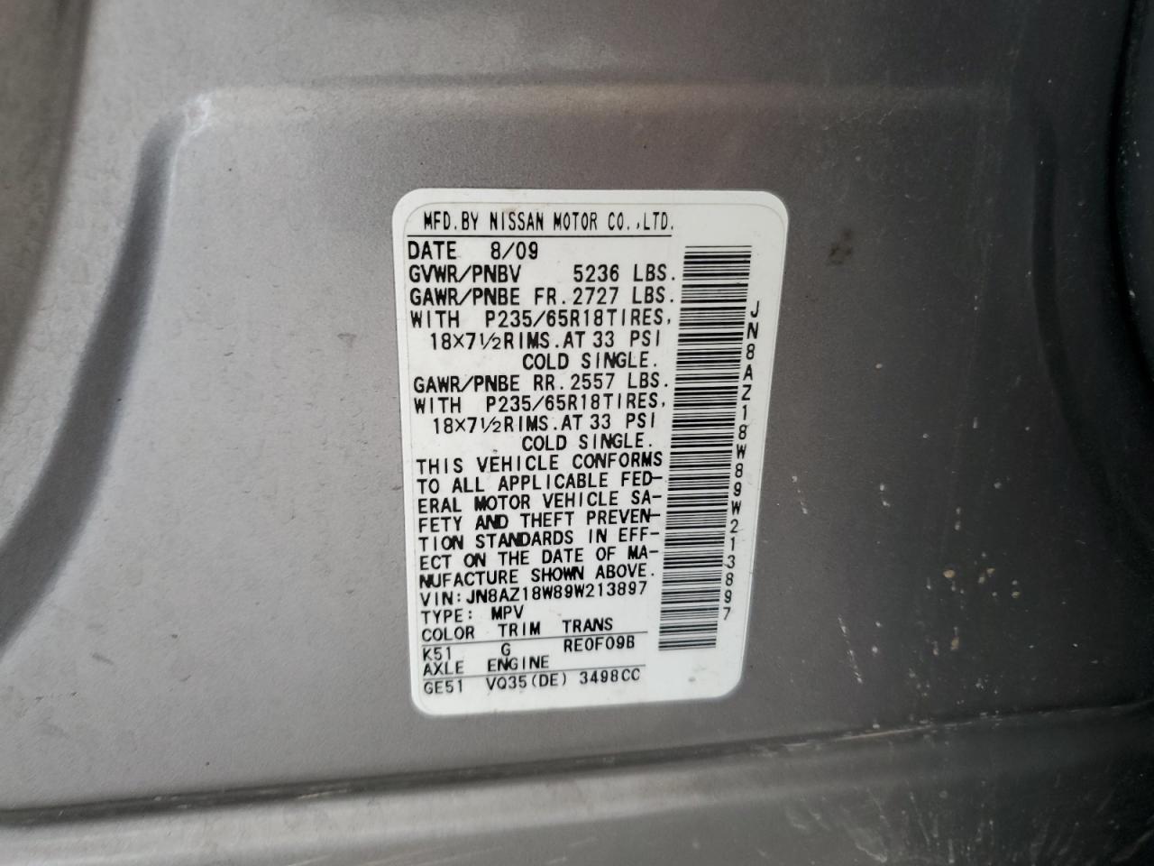 JN8AZ18W89W213897 2009 Nissan Murano S