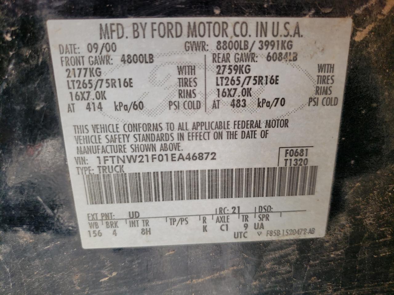 1FTNW21F01EA46872 2001 Ford F250 Super Duty