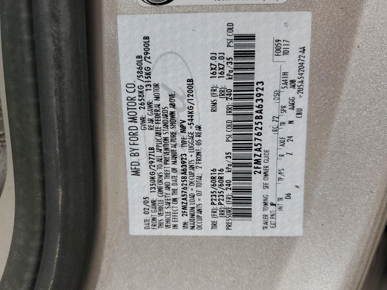 2FMZA57625BA63923 2005 Ford Freestar Ses